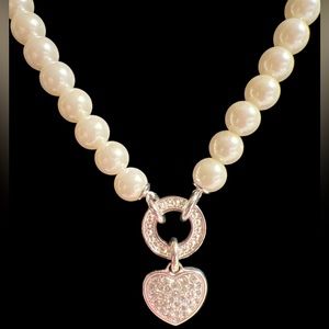 NVC Signed Necklace Faux Pearl Beads Heart Ring Single Strand Costume Jewelry